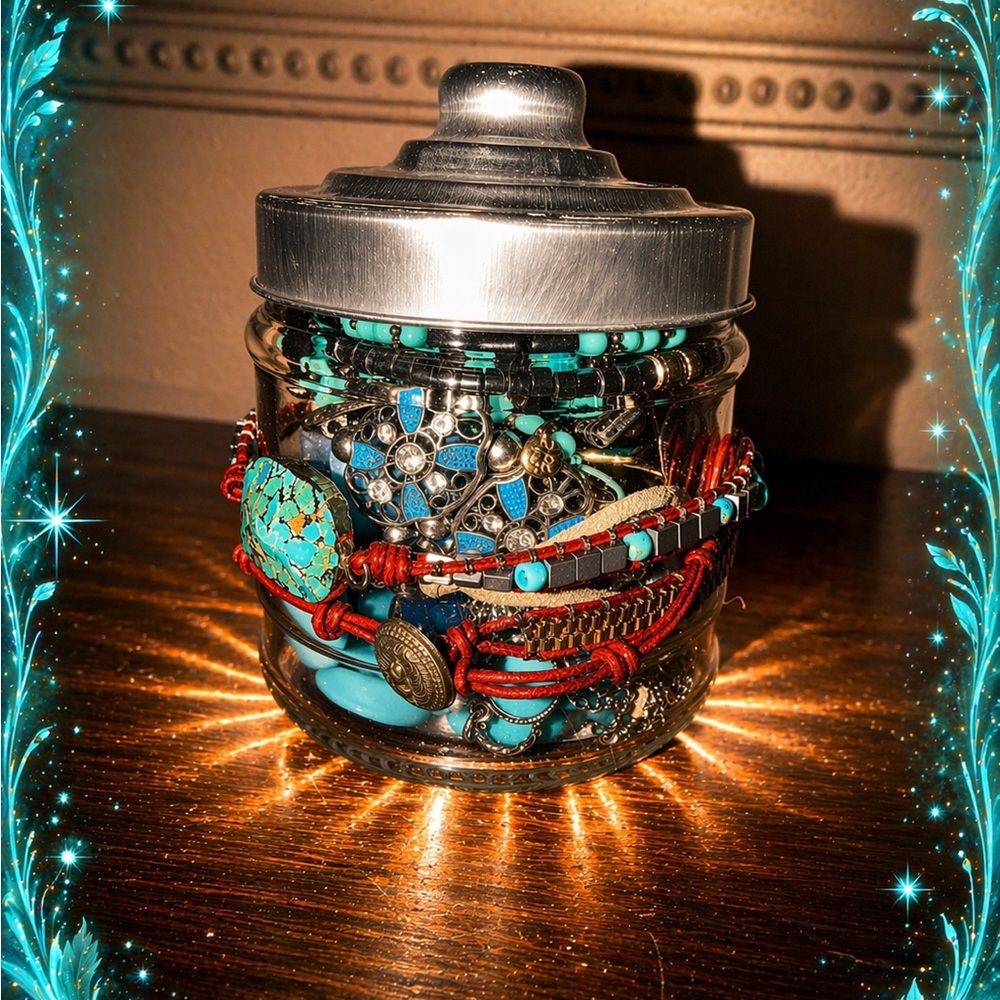 “Blue Dream” Mystery Jewelry Jar with Turquoise, Blue and Silver Tone Jewelry